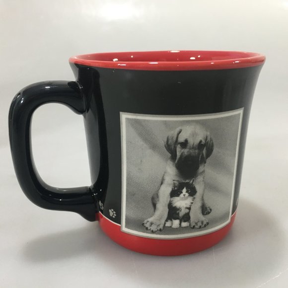Keith Kimberlin Puppy & Kitten on Black & Red Mug Cup NEW 12 oz Love Friendship - Picture 3 of 5